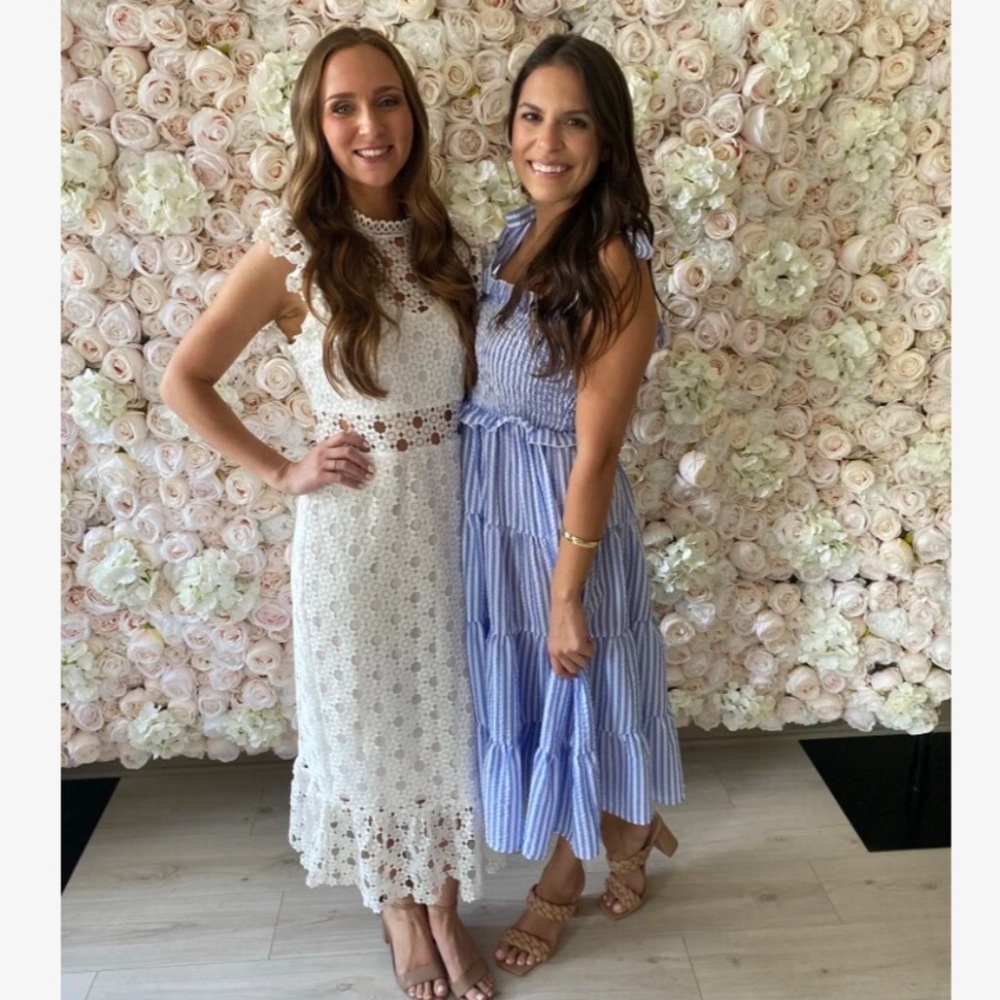 Striped Blue White Midi Dress Tie Straps Shirred Ruffle Detail - Picture 15 of 16